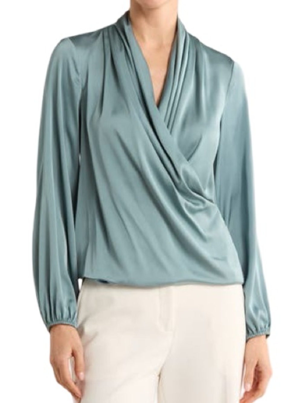 🫧👥 Nordstrom Tahari Satin Drape Blouse in Medium Blue-Green 👥🫧